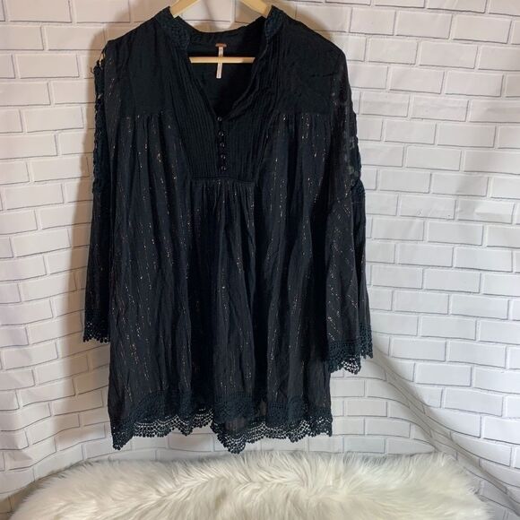 Free People Black/Gold Mixed Texture Tunic Smock - Picture 1 of 4